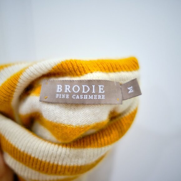 BRODIE CASHMERE Striped Mustard-Cream Turtleneck 100% Cashmere Sweater - Picture 3 of 8